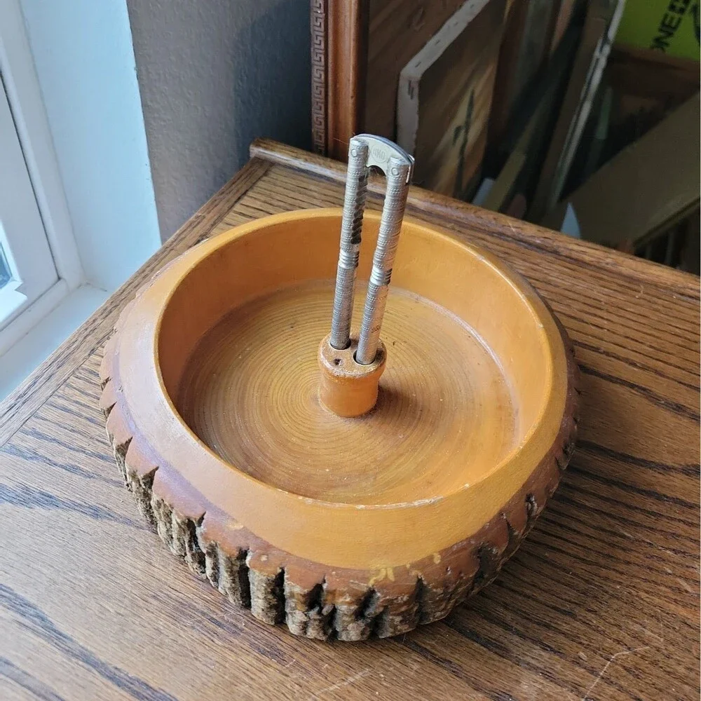 Vtg MCM Nut Bowl Rustic Edge Tree Bark Set with 1 Nutcracker 9